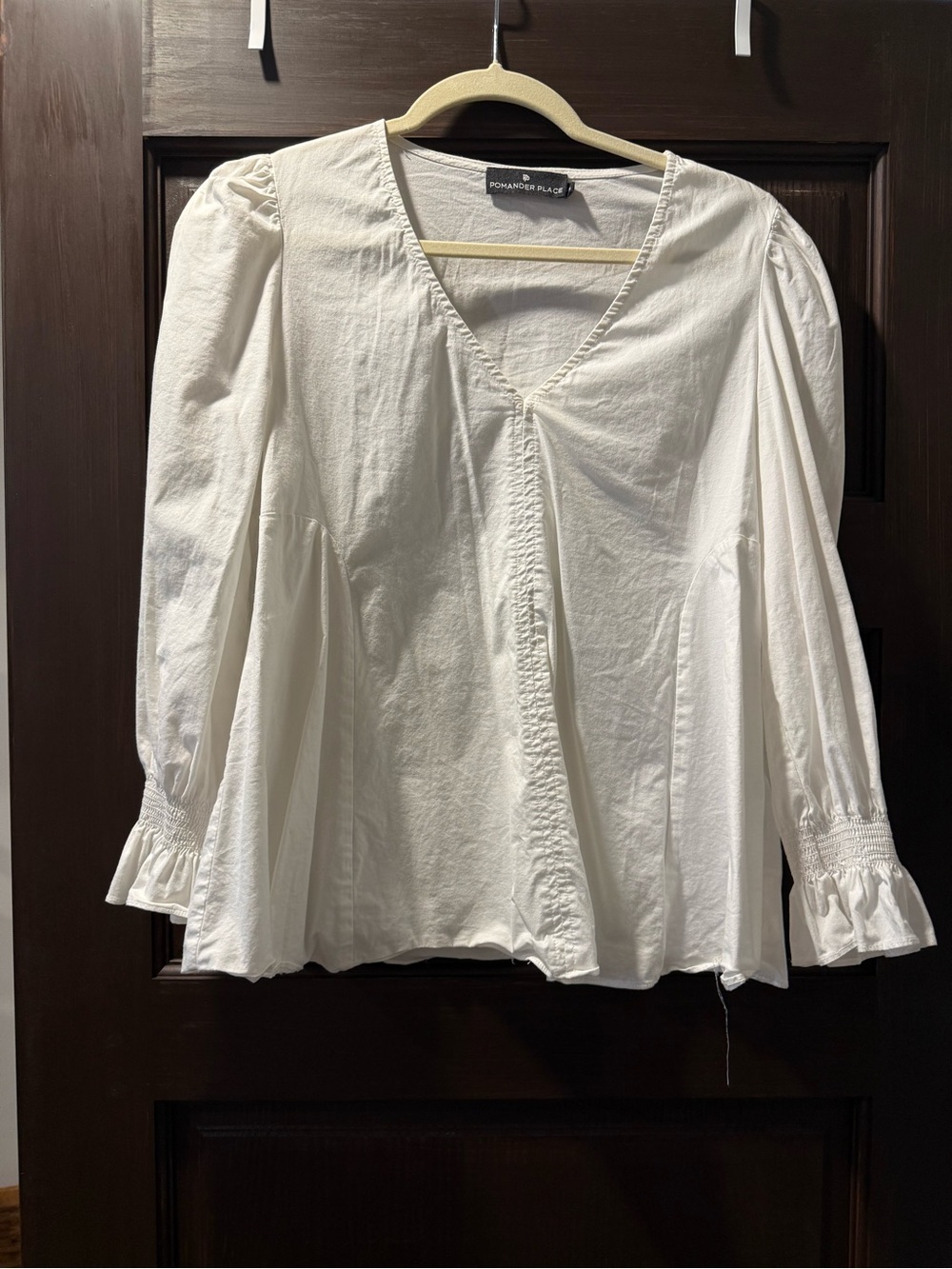 Pomander Place Cream V-Neck Peasant Top with Ruffle Cuffs